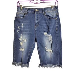 Gold Trans Denim Distressed Shorts Bermuda Frayed Hem Stretch Womens M
